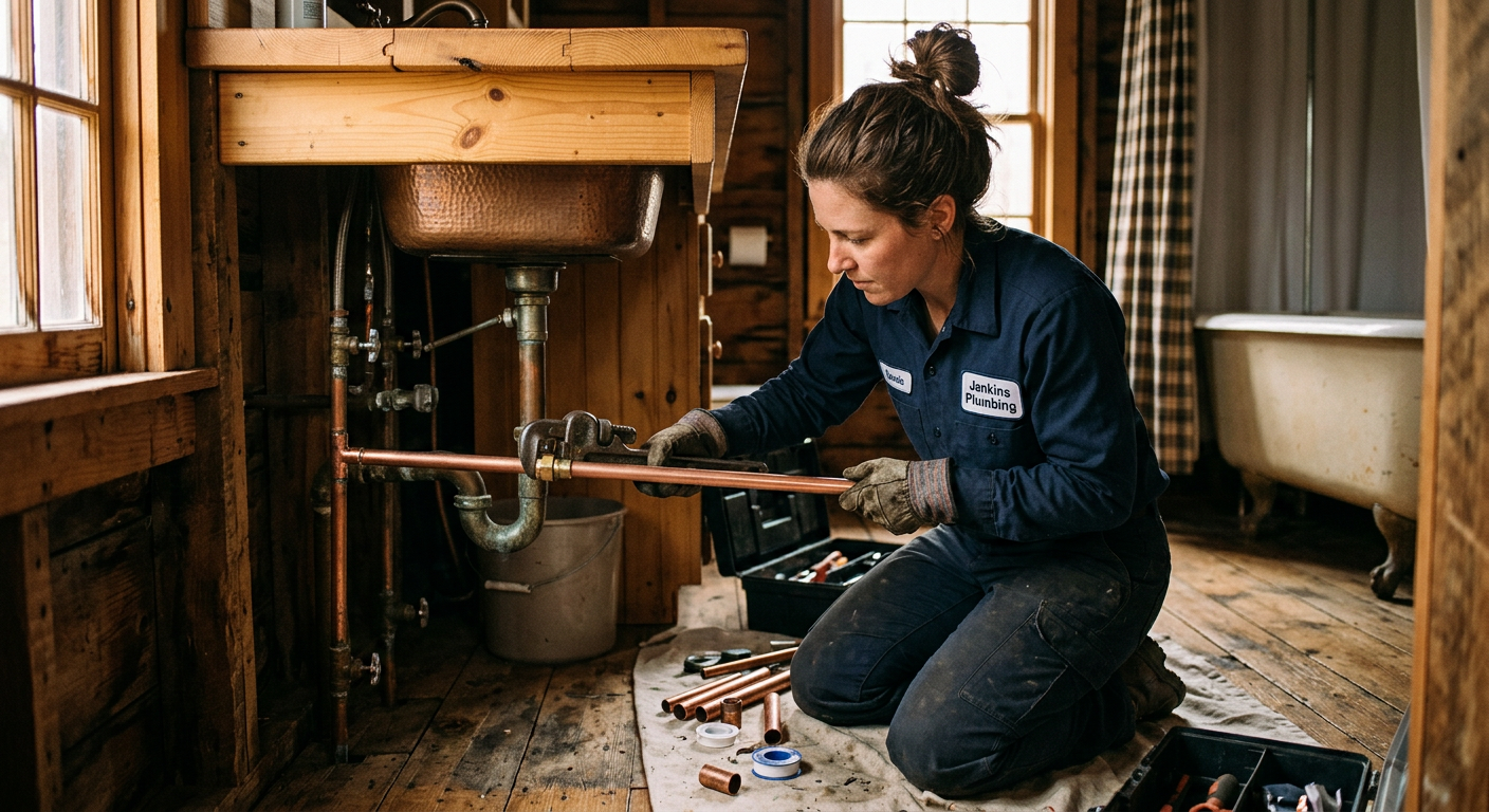 Plumber repairing cabin pipes under a sink in Sevierville TN