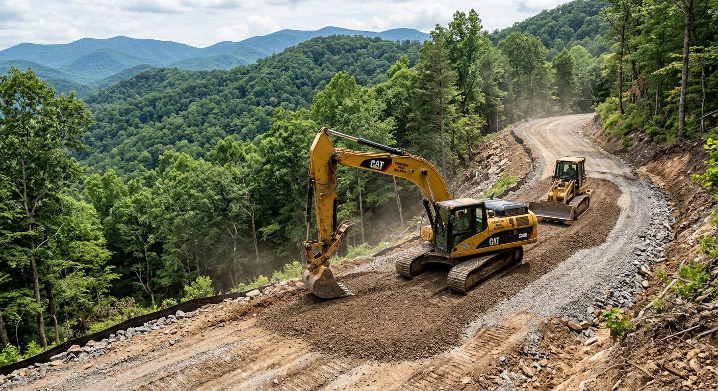 Excavator constructing a gravel access road on a Smoky Mountain cabin property