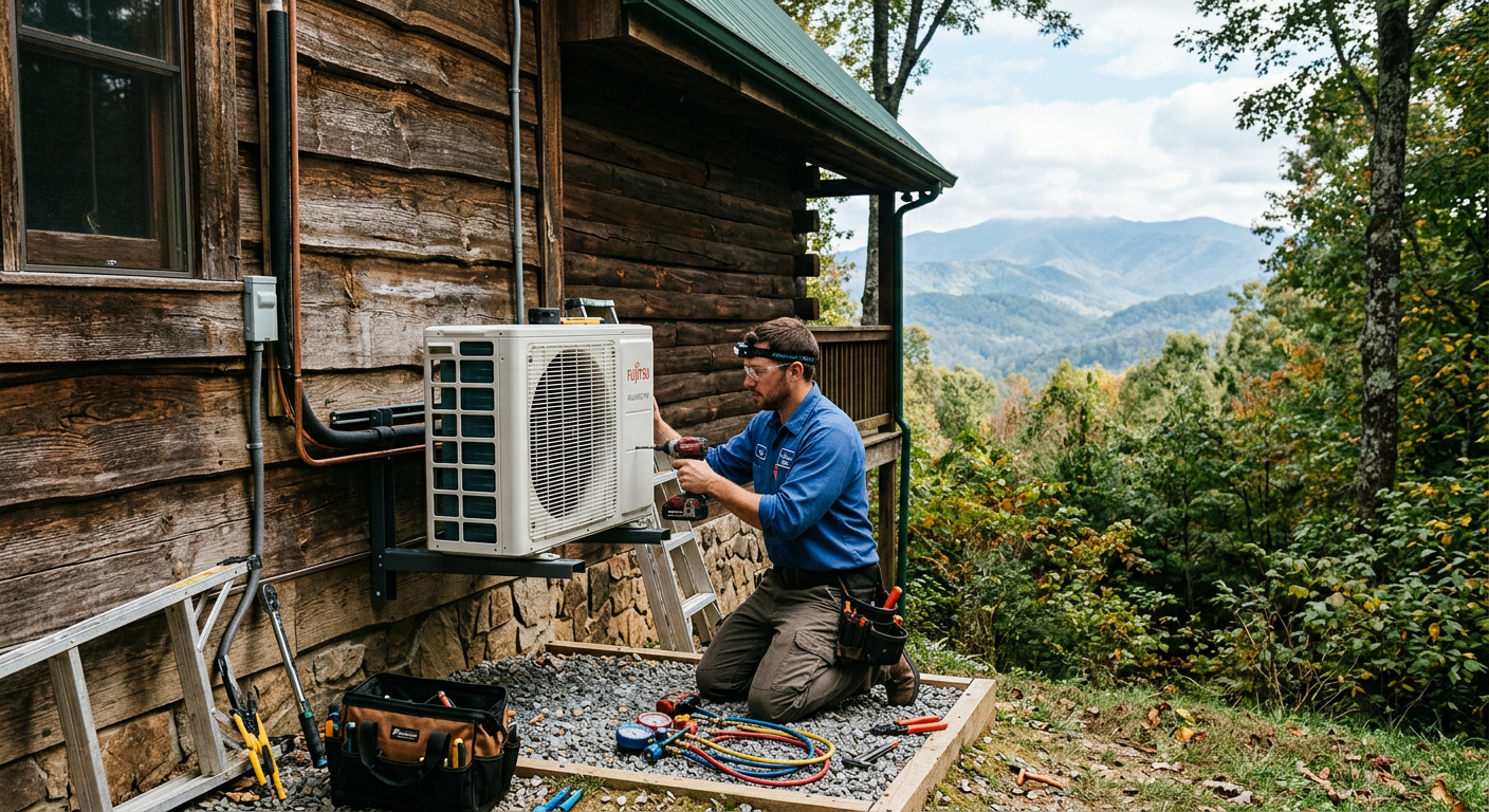 Mini-split condenser installation on a Sevierville TN cabin