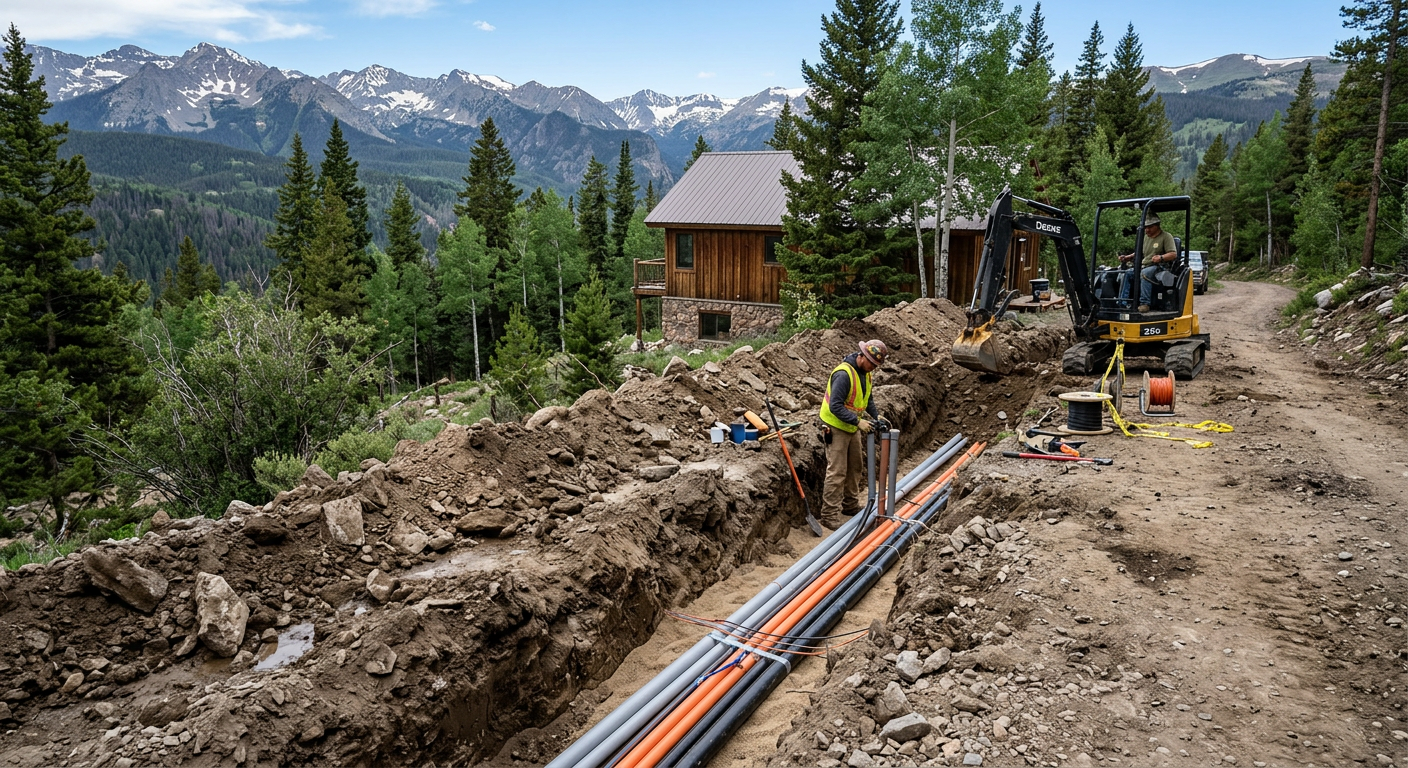 Underground utility trench with conduit on a cabin property in the Smoky Mountains